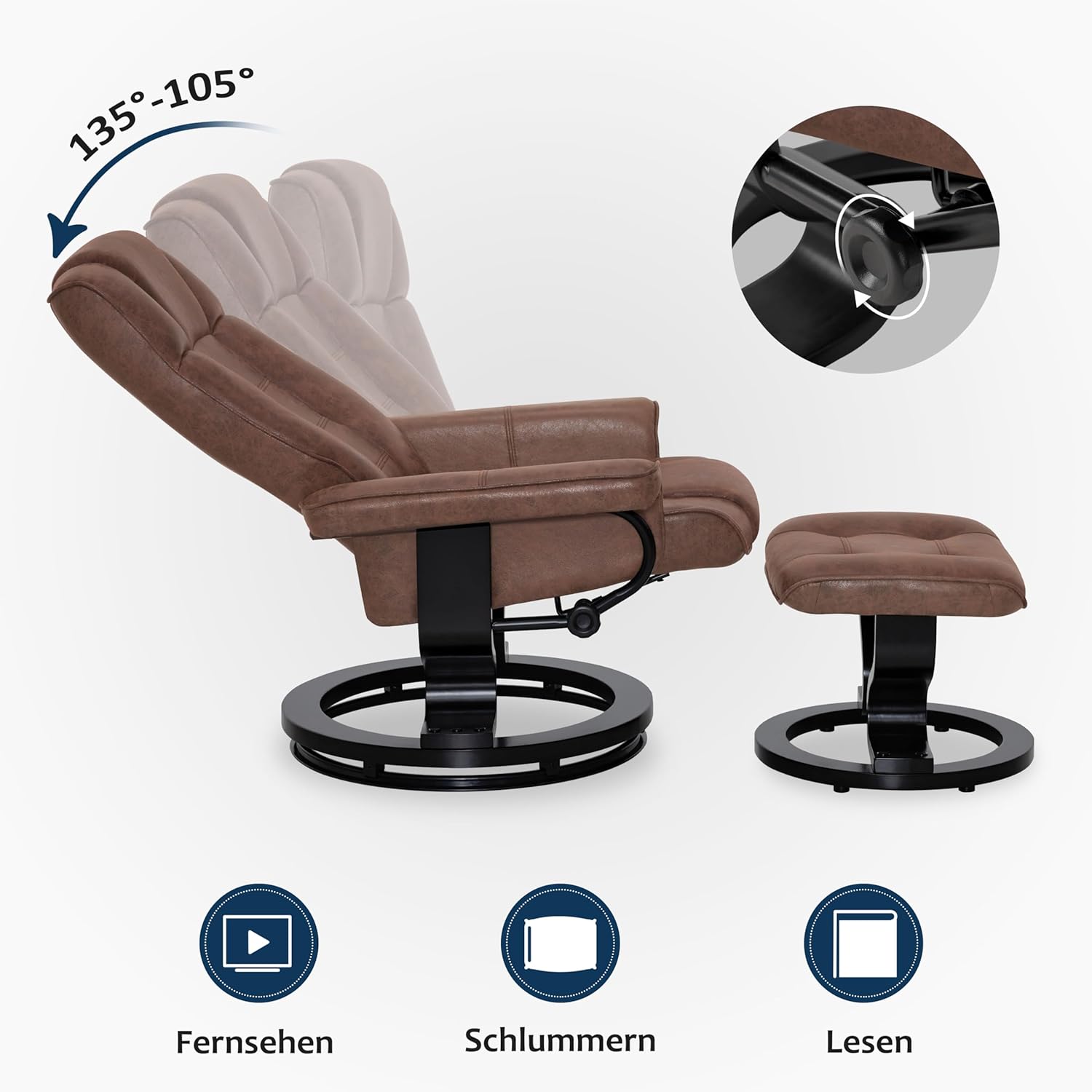 M MCombo Relaxsessel mit Hocker, 360° drehbarer Fernsehsessel mit Liegefunktion, bis 120 Kg belastbarer TV-Sessel, moderner Ruhesessel für Wohnzimmer, 9019 (Mikrofaser, Braun)