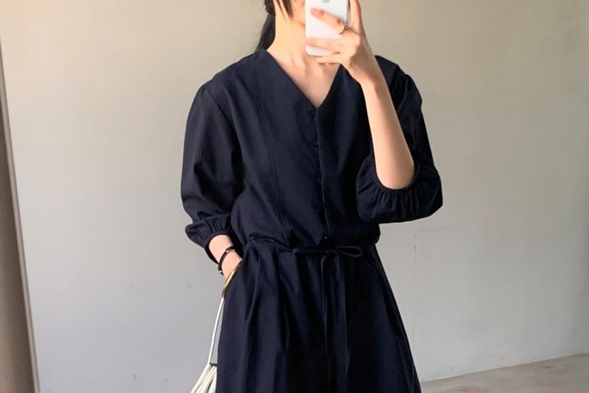 SeoulPop - 3/4-mouw V-hals effen playsuit