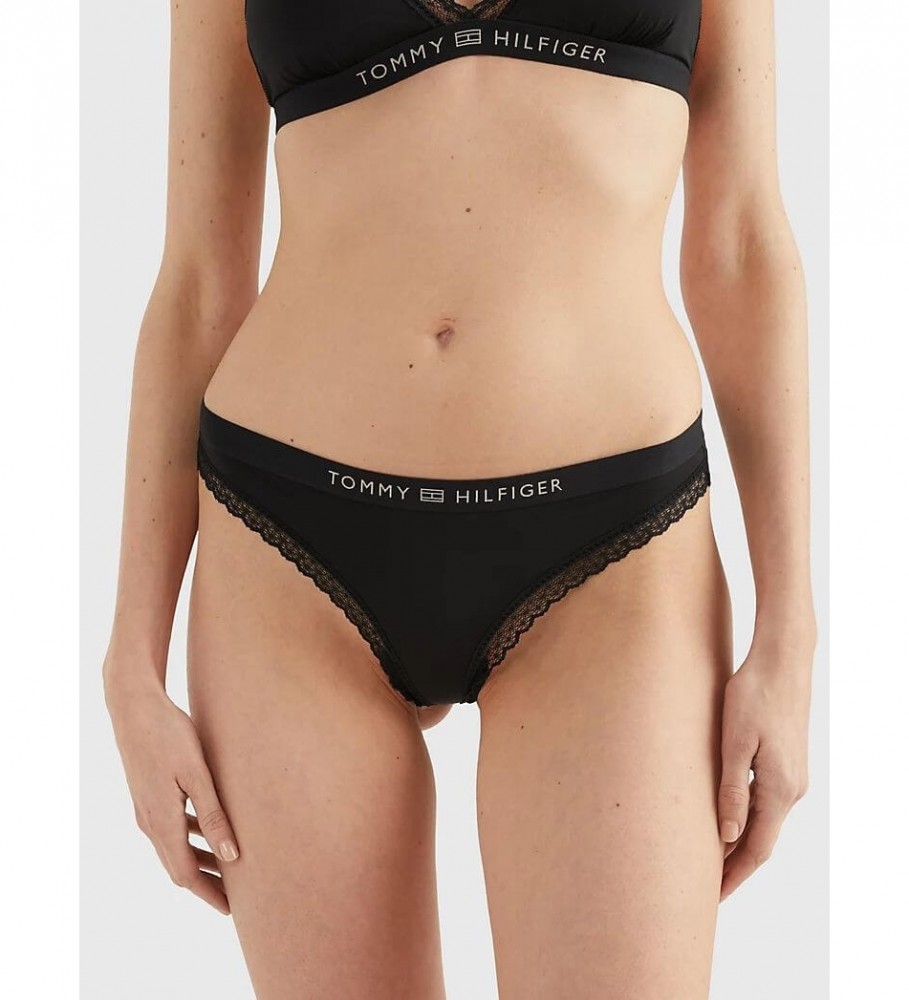 Calcinha fio dental Tommy Hilfiger com logo e cadarço tonal na cor preta.