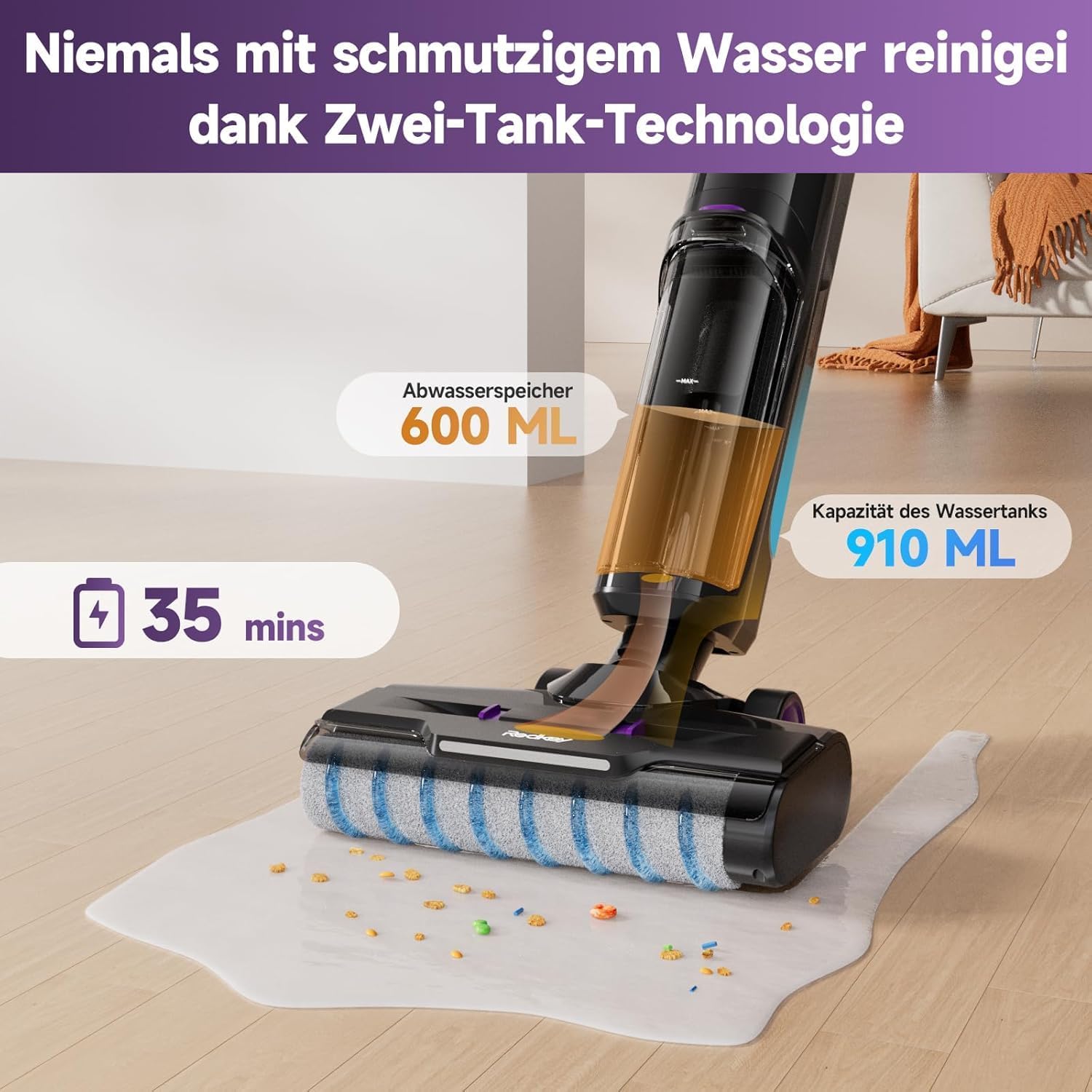 Redkey W15 Nass Trockensauger Akku, 20.000 Pa Selbstreinigung & Wischfunktion, 910ml Dual Wassertank, 3 Reinigungsmodi, Kantenreinigung 6 mm, LED Spracherinnerung, Staubsauger für Hartböden,Tierhaare