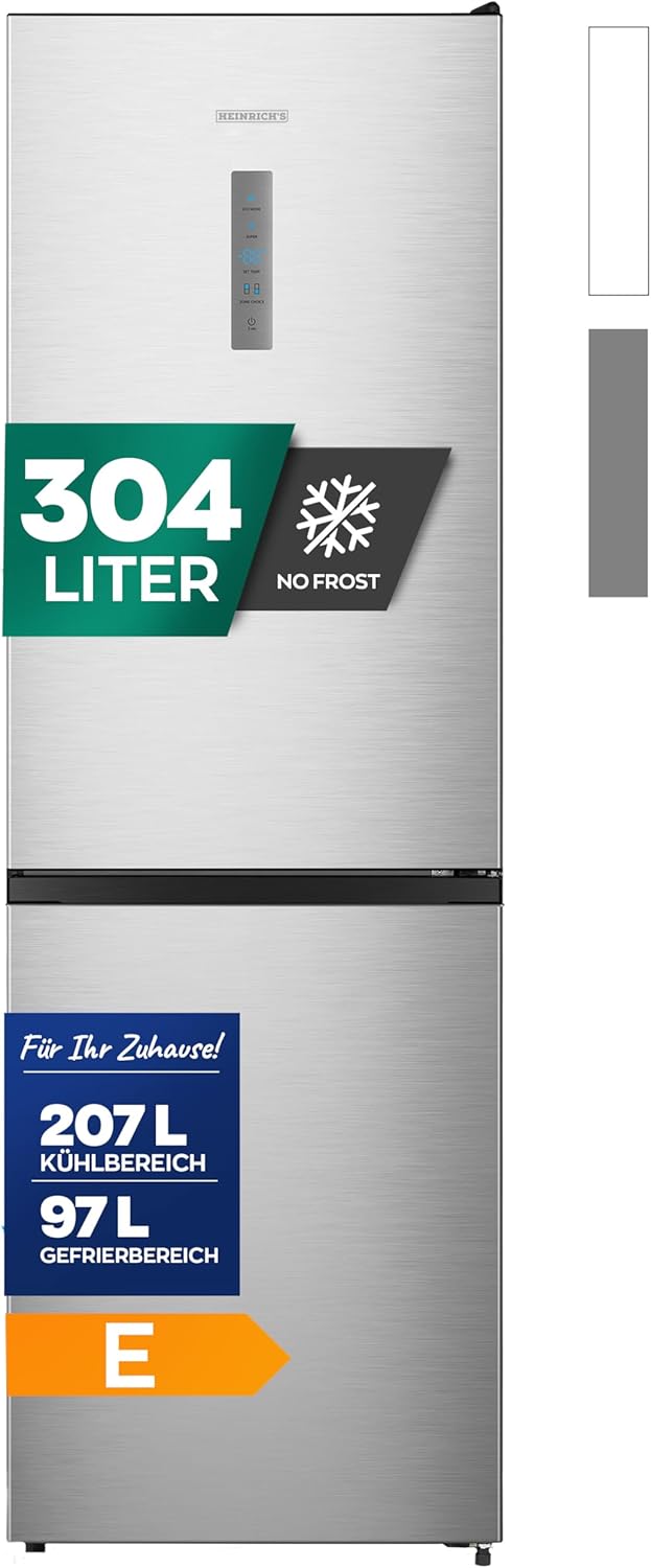 Heinrich´s Kühlgefrierkombination 304Liter, Kühlvolumen 207L, Gefrierfach 97L,LED Innenraumbeleuchtung, Kühlschrank Türanschlag wechselbar, leise 39dB,NO FROST,Temparatur Touch Bedienung,inox