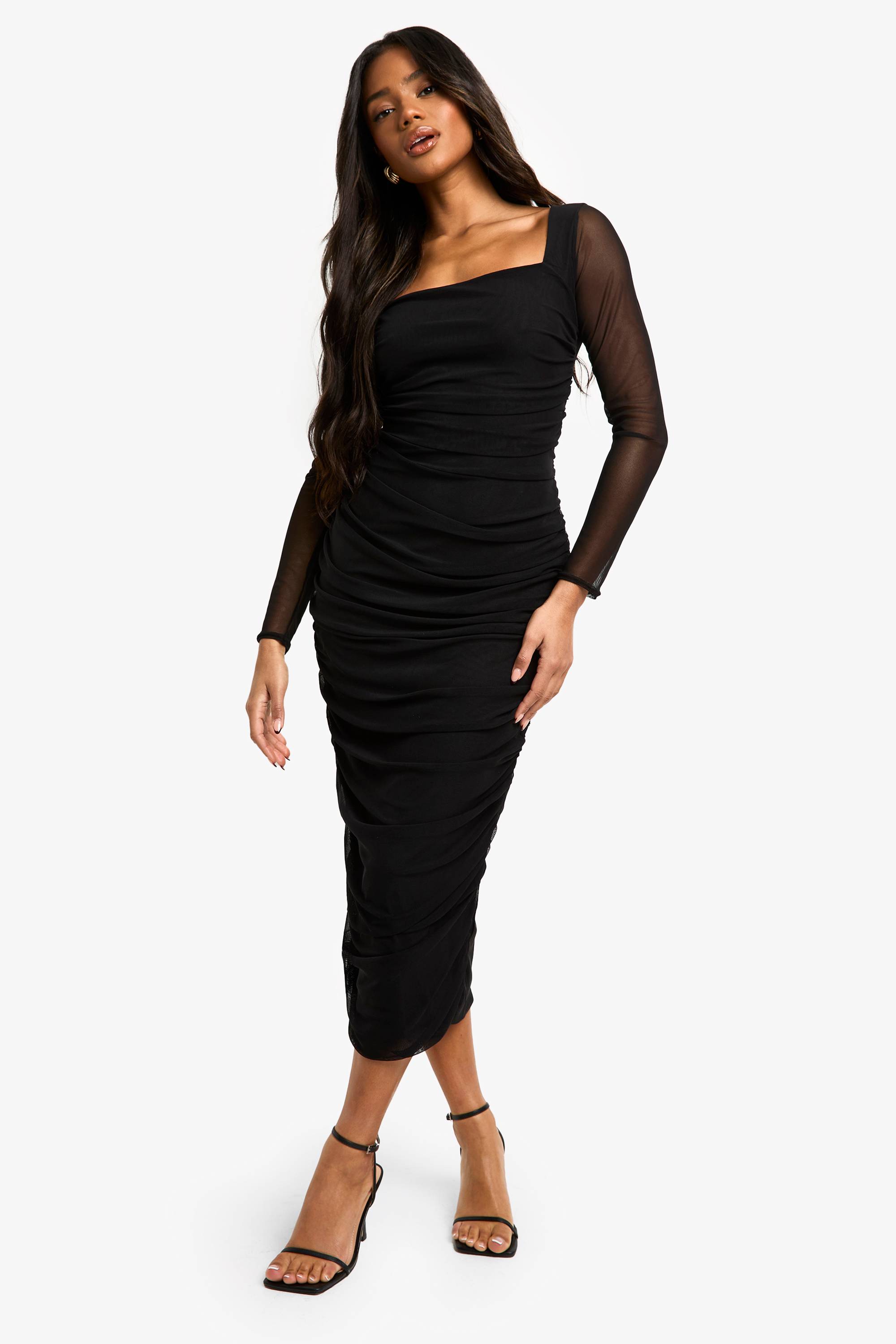 boohoo Robe Midaxi en Mesh Plissé à Col Carré