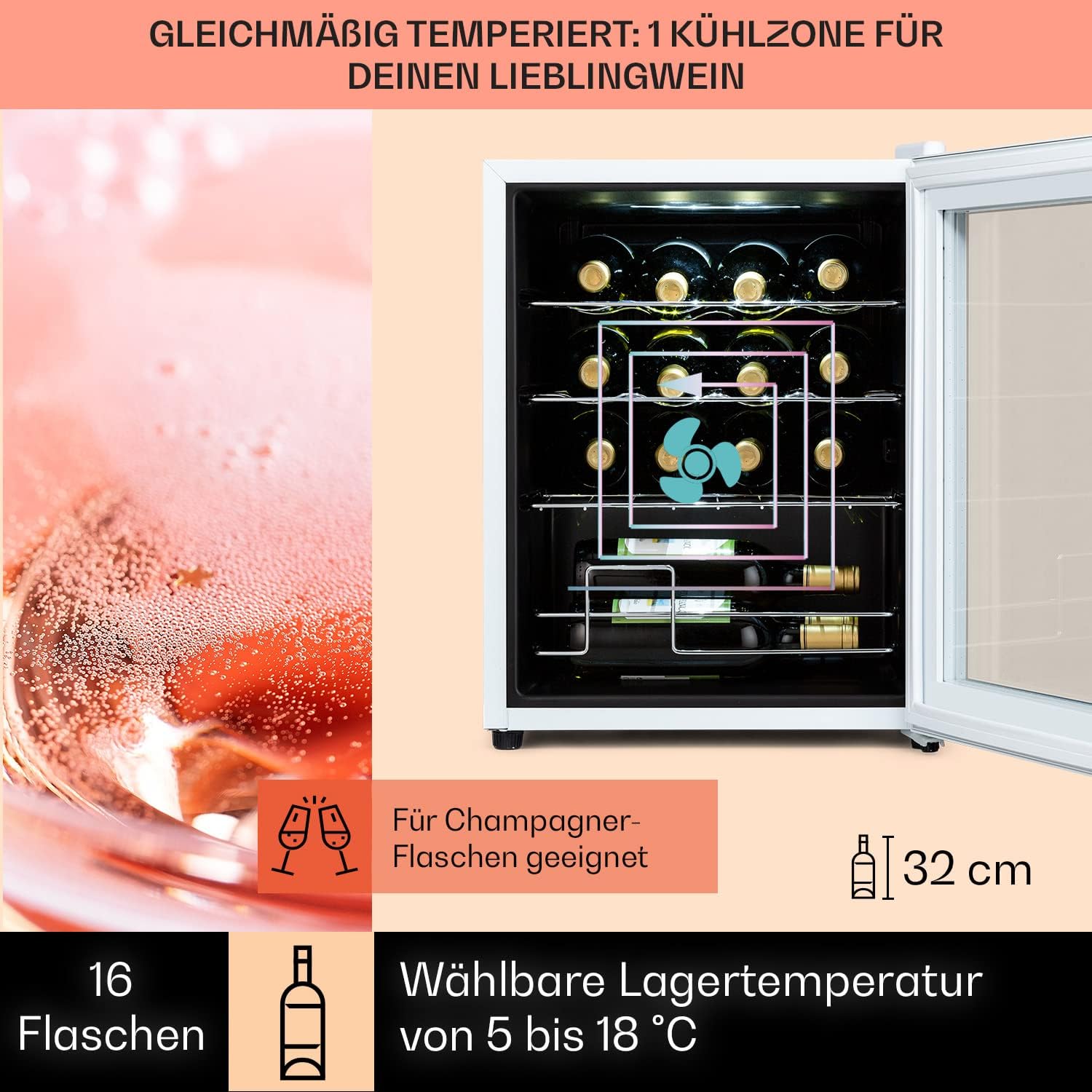 Klarstein Shiraz Weinkühlschrank Freistehend, Kleiner Getränkekühlschrank für Wein, Prosecco & Bier, 1 Zone Weinkühlschrank mit Glastür & Touch-Bedienfeld, Kühlschrank Klein, 5-18°C, 16 Flaschen
