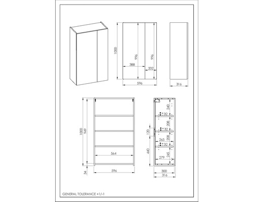 Jungborn wandkast BxHxD 596 x 1000 mm x 316 mm Frontkleur wit hoogglans