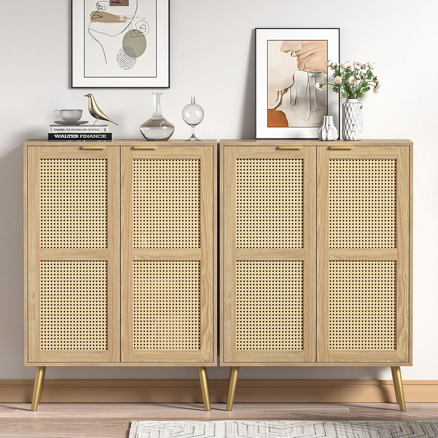 Rattan Sideboard, Küchenschrank mit 2 Türen, Buffetschrank mit verstellbares Regal, Küchenbuffet für Küche Wohnzimmer Esszimmer, Flur, Holz, Landhausstil 80 x 34 x 112 cm