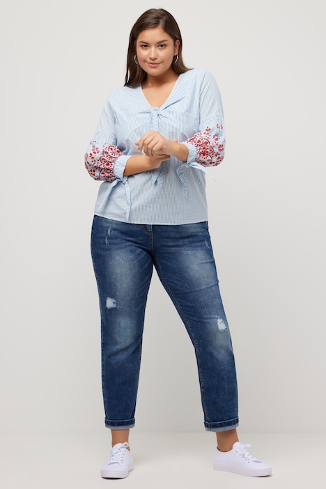 Bluse, Stickerei, A-Linie, V-Ausschnitt, Langarm