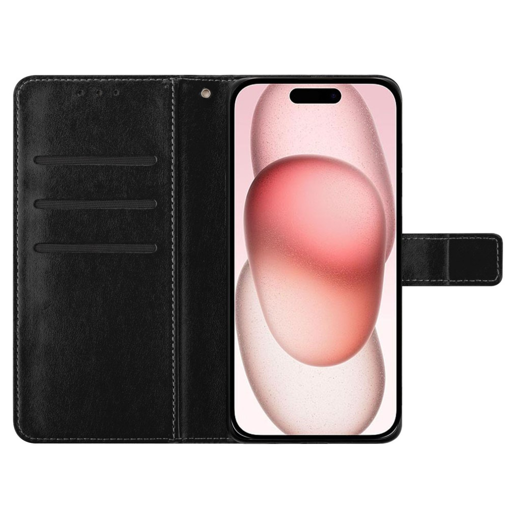 iPhone 16 Leder Tasche Wallet - Mandala Flowers Imprint - Schwarz