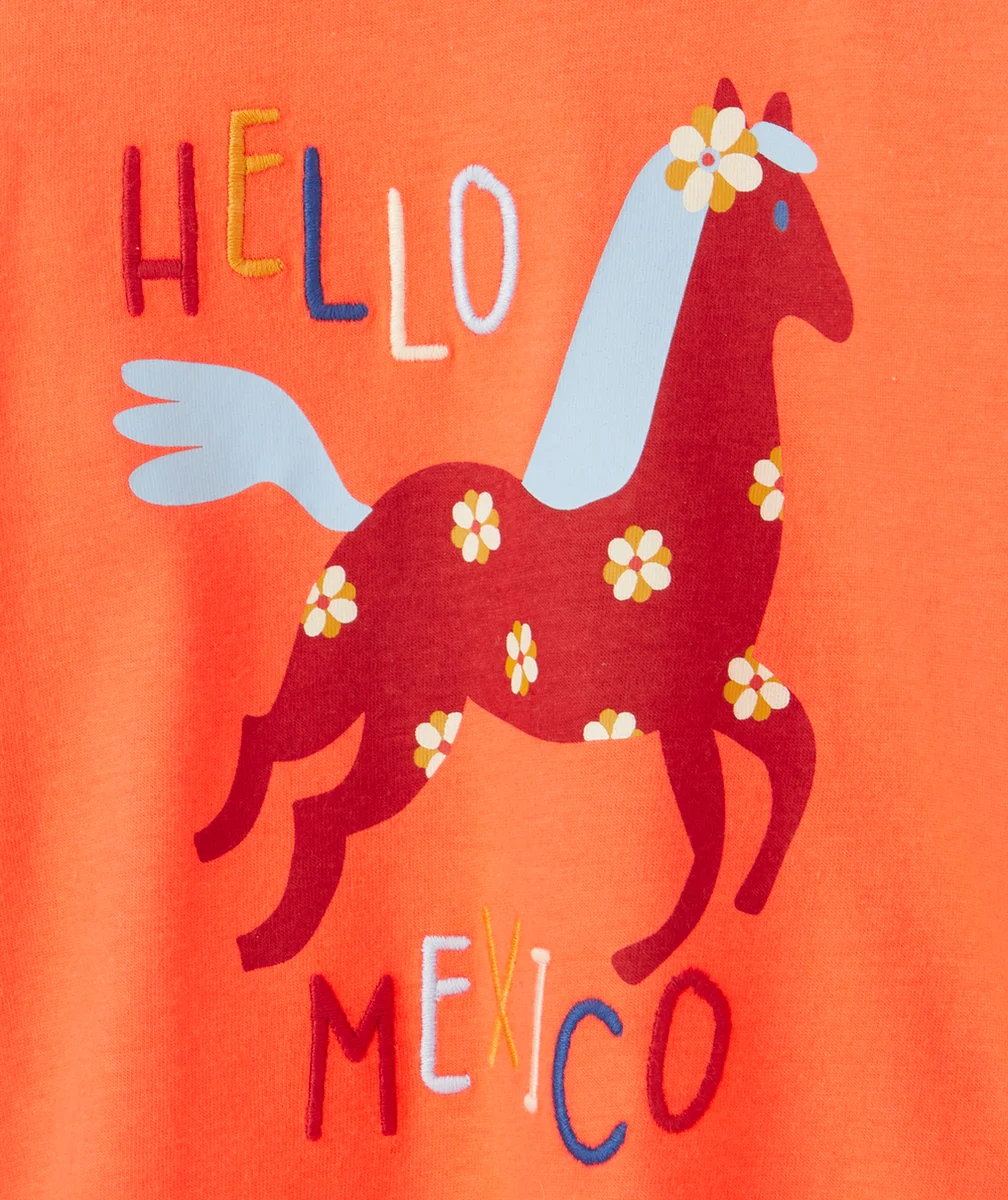 T-SHIRT BÉBÉ FILLE EN COTON BIO CORAIL AVEC MESSAGE ET CHEVAL