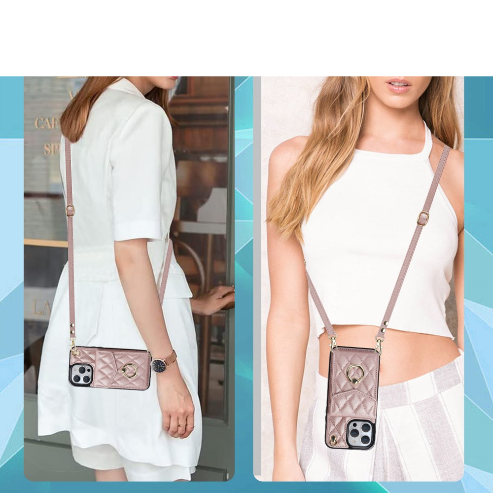 iPhone 15 Pro Necklace Leder Hülle mit Kartenfächer   Finger Griff Halterung   Handykette (RFID Schutz) - Roségold