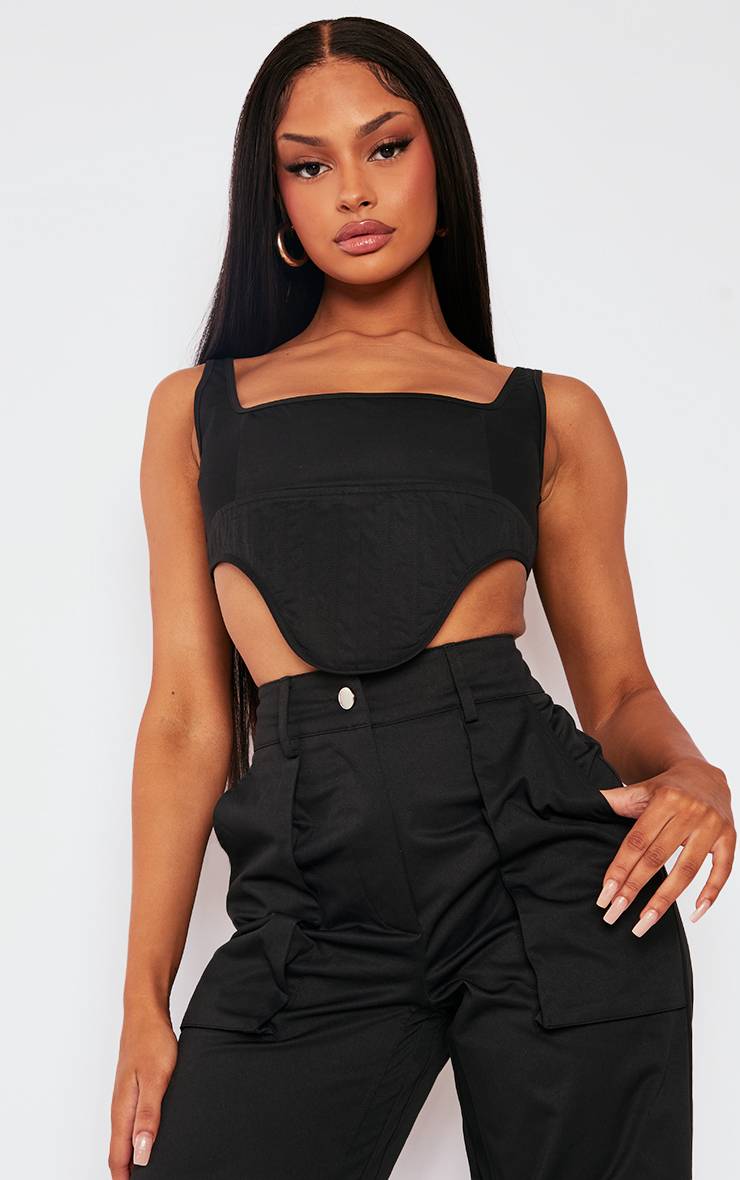 Noir Ensemble Corset Cargo Structuré En Sergé Avec Ourlet Plongeant