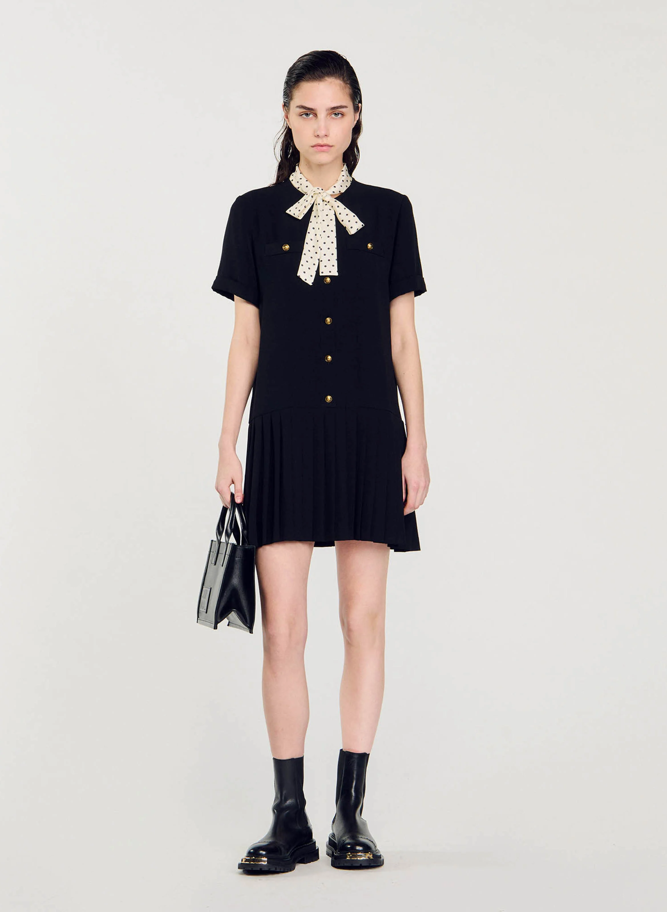 Robe courte à cravate pois | Noir