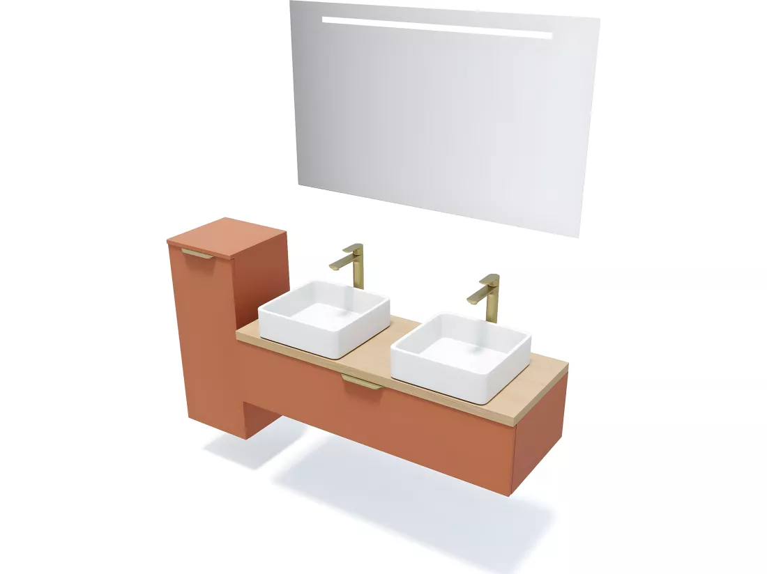 Meuble de salle de bain suspendu 2 vasques à poser 120cm 1 tiroir Terracotta - Venice