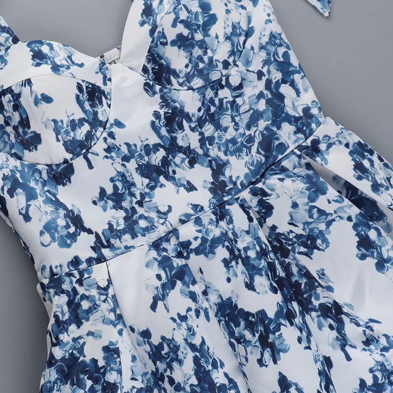 Leandrillo - Mouwloze mini-A-lijnjurk met strikbandjes en bloemenprint