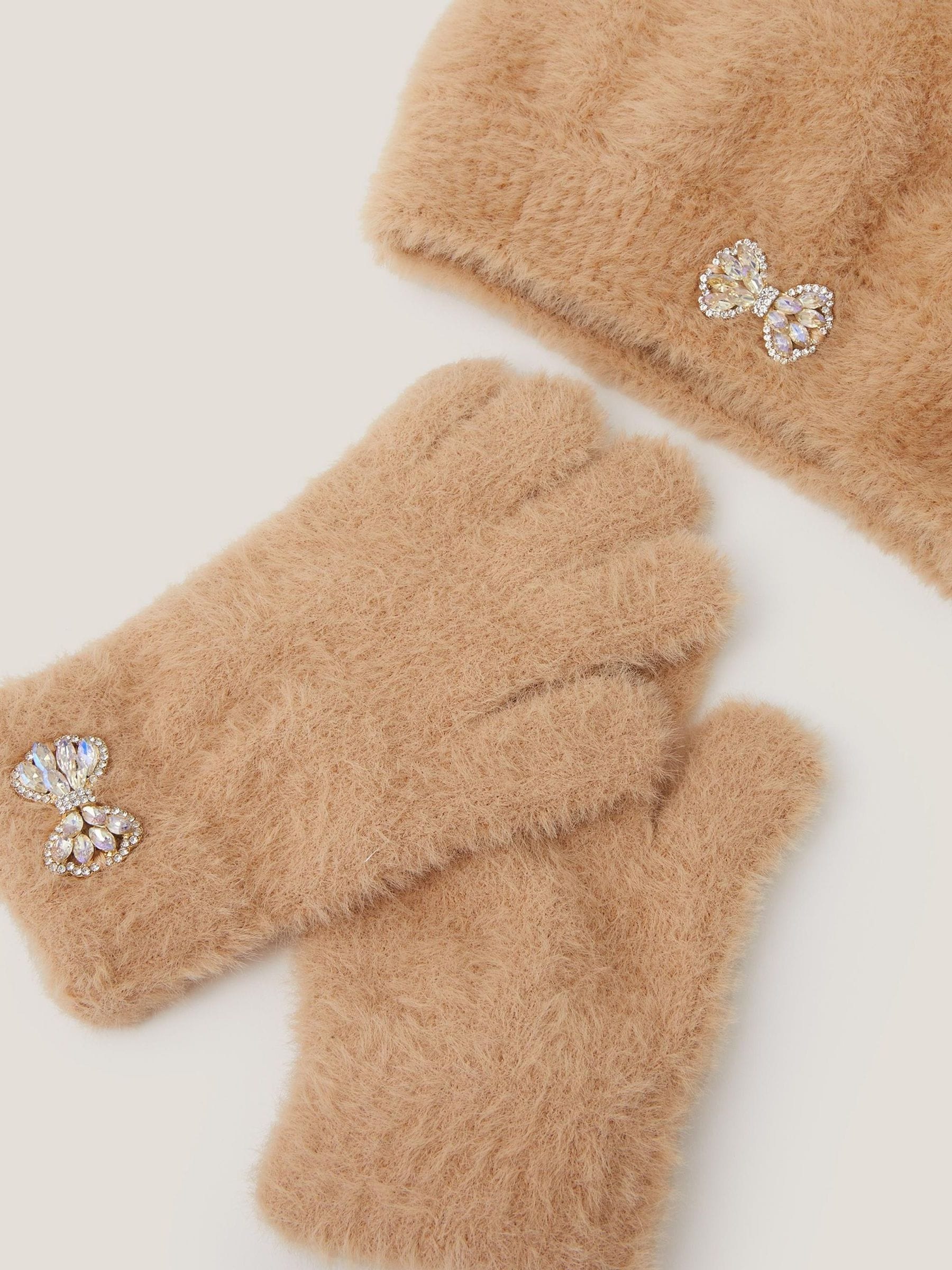Monsoon Jewel Strik Fuzzy gebreide muts en Handschoenen Set