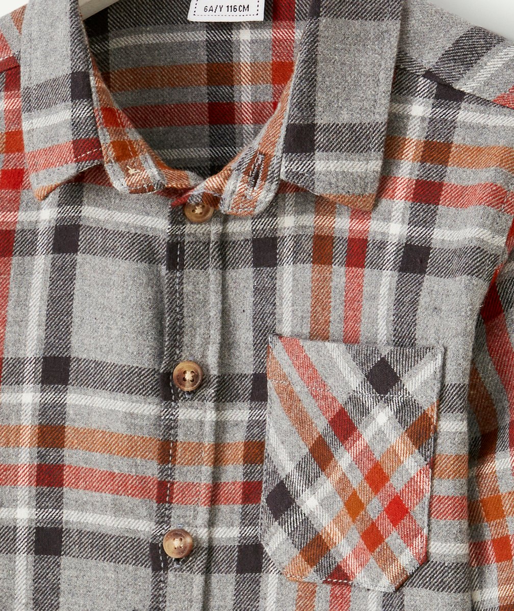 CHEMISE À CARREAUX GARÇON GRIS CHINÉ TWILL GRATTÉ