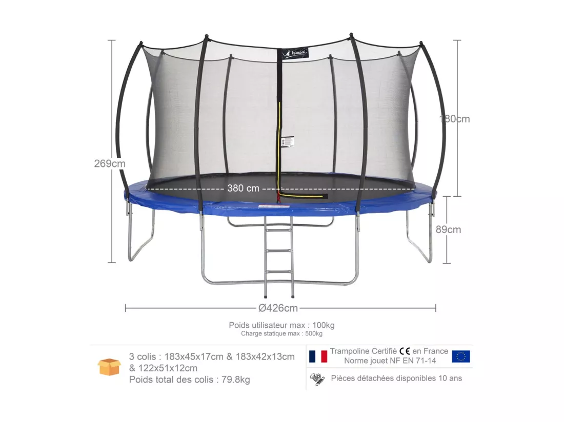 Kangui - Trampoline rond Ø430cm avec filet de sécurité et échelle - Bleu - FPR 430