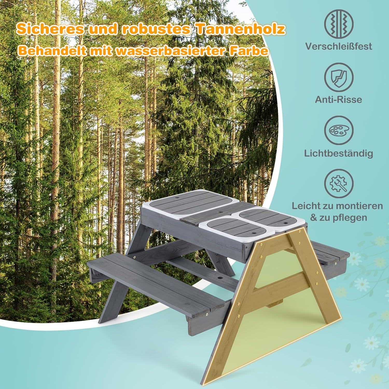 COSTWAY Kindersitzgruppe Outdoor, 2 in 1 Kindersitzgarnitur mit Sonnenschirm und 3 abnehmbaren Behältern für Sand & Wasser, Kinder Picknicktisch, Spieltisch, Gartenmöbel für Garten, Hinterhof