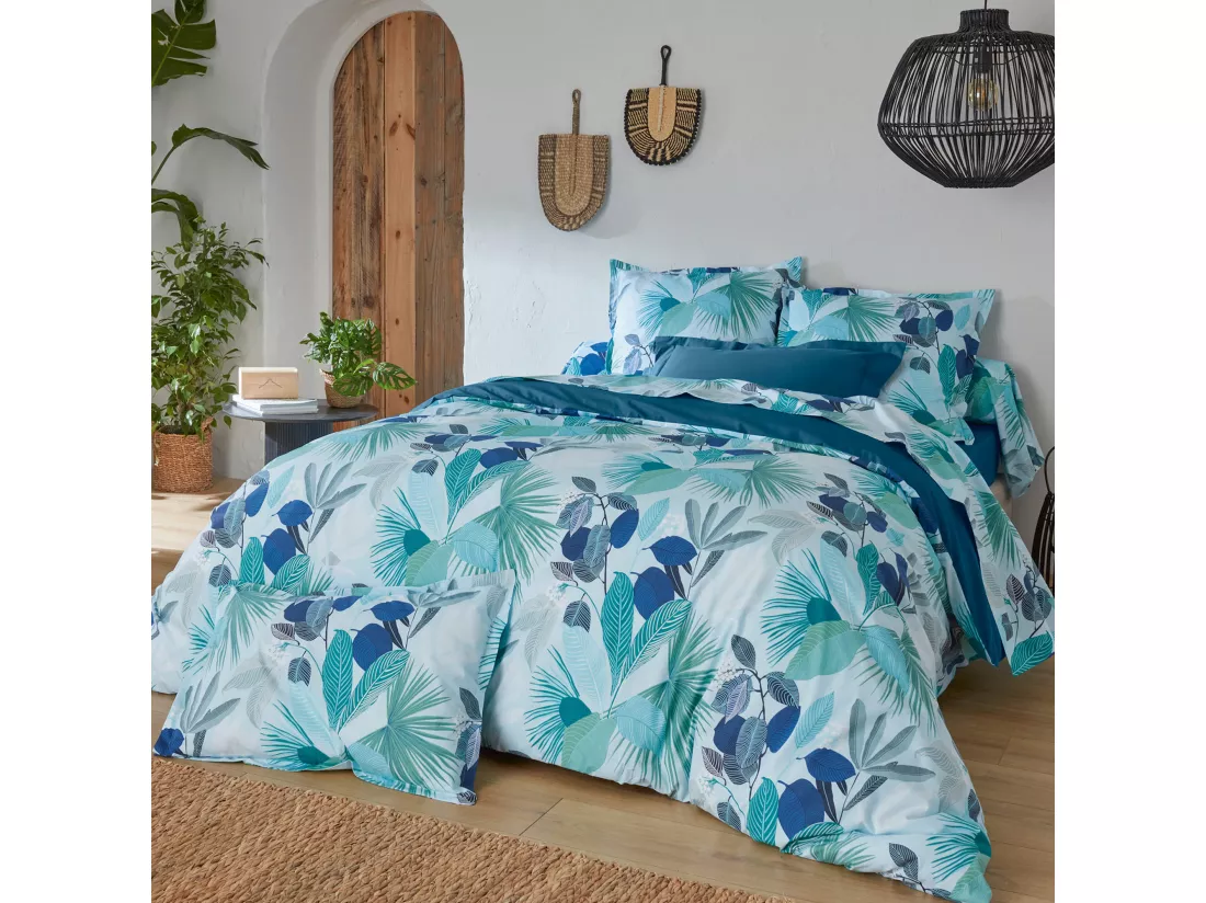 Taie de traversin 140x43 cm percale de coton MOOREA PACIFIC bleu/vert