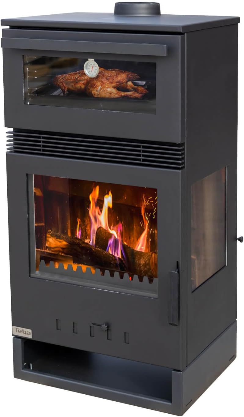 Kaminofen mit Backfach Panoramakamin Dreiseitig Glas 3 Scheiben Teba TKS 15 Verglast 3 Seiten Holzofen 12,8 kW Kamin Ofen Holz Holzherd Küchenofen