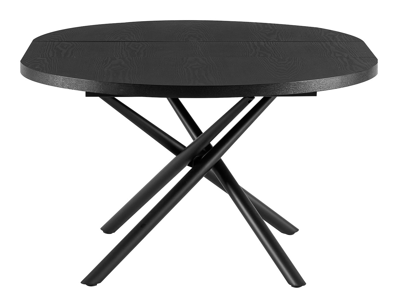 Malin rundt spisebord Ø120 cm. Sortbeiset eik finer plate med sortlakkerte stålben. Innebygd tilleggsplate.