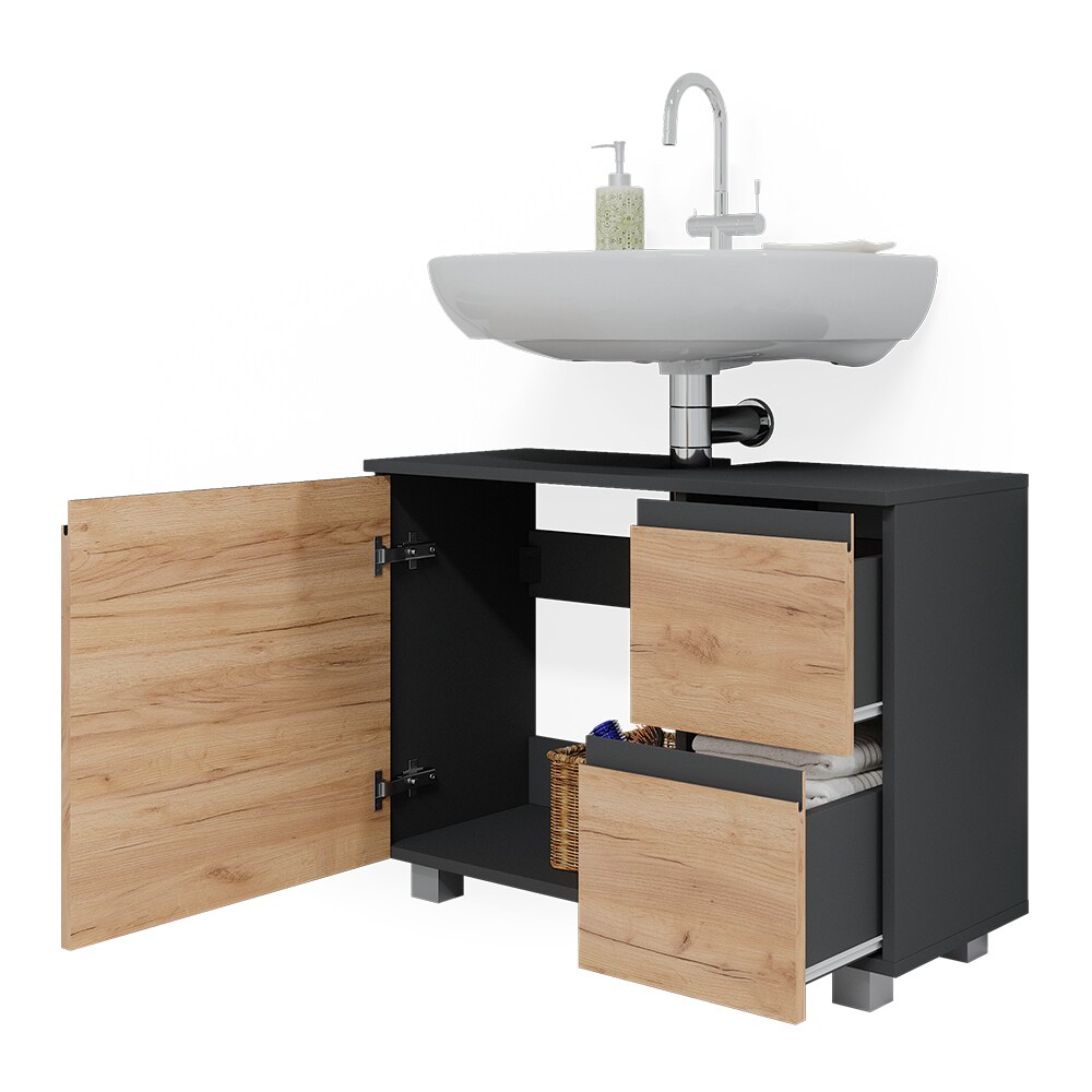Vicco Waschtischunterschrank Waschbeckenunterschrank Badschrank J-shape Anthrazit Eiche modern 80x61cm Badezimmer Schrank Badmöbel Schranktür Schrankschublade Aufbewahrung