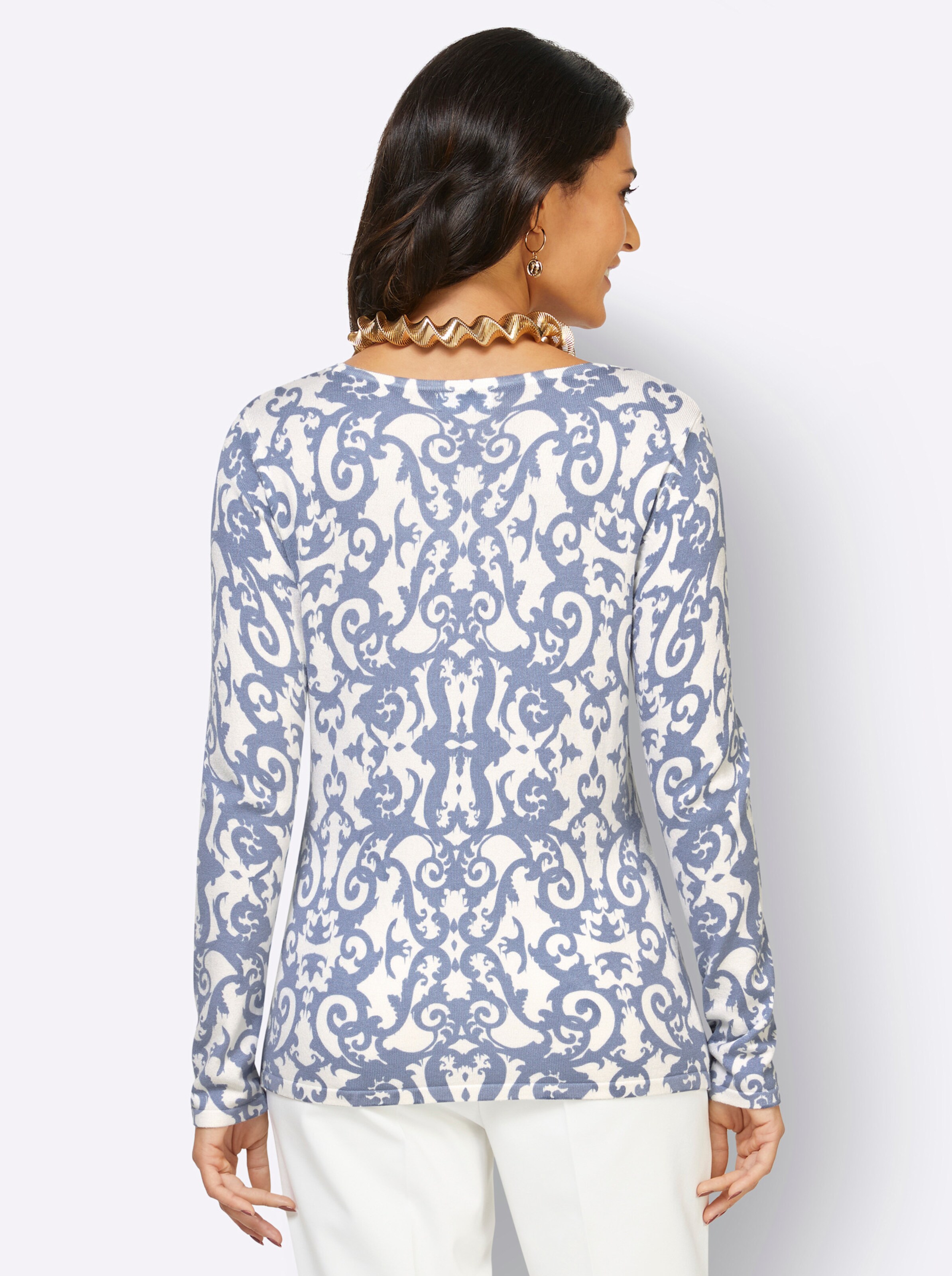 Pullover in taubenblau-ecru-bedruckt
