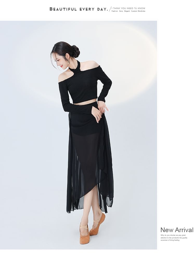 Lydiah - Set: Cold-Shoulder Dance Crop Top + High Waist Inset Shorts Slit Rok
