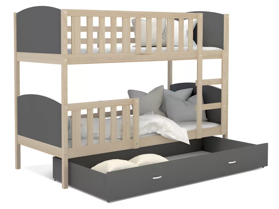 Lit superposé Tedy 90X190 cm - 2 Matelas , 2 Sommiers et Tiroir inclus Pin - Gris