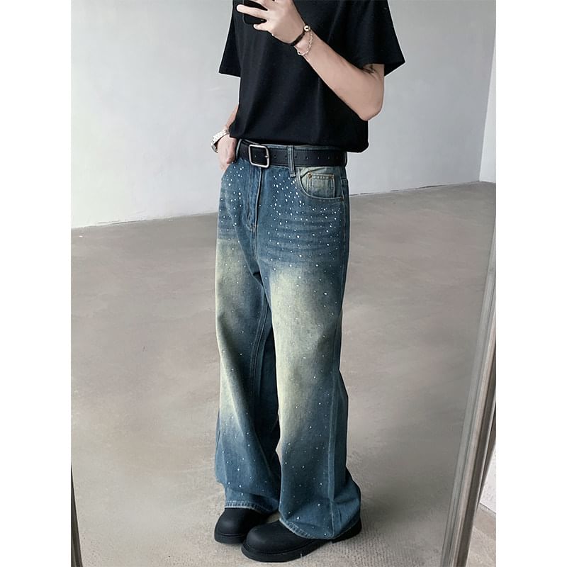Freehop - Mid Rise Strass Washed Loose Fit Jeans