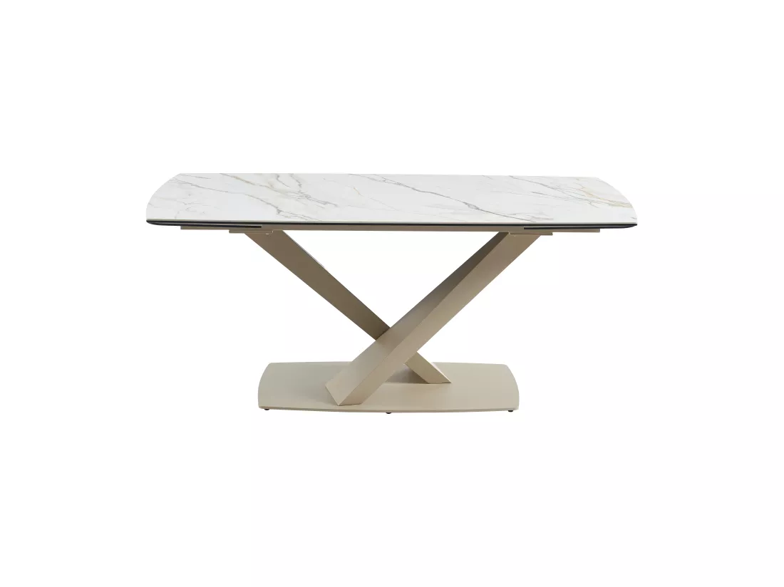 Table à manger extensible 6 à 10 personnes en verre trempé, céramique et métal - Effet marbre blanc et beige - MALATA de Maison Céphy