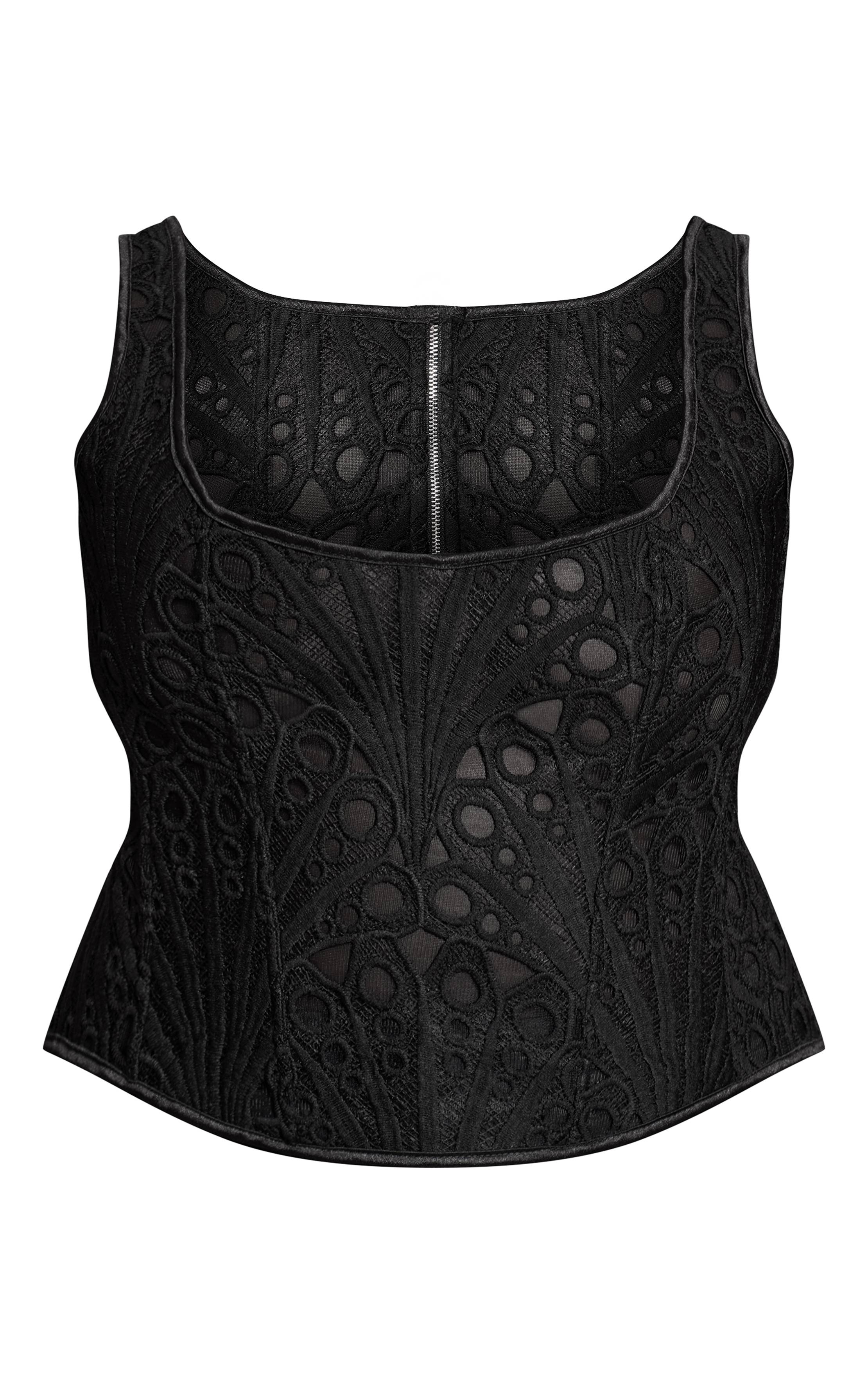 Noir Corset Grande Taille Transparent Texturé À Fleurs Et Encolure Carrée