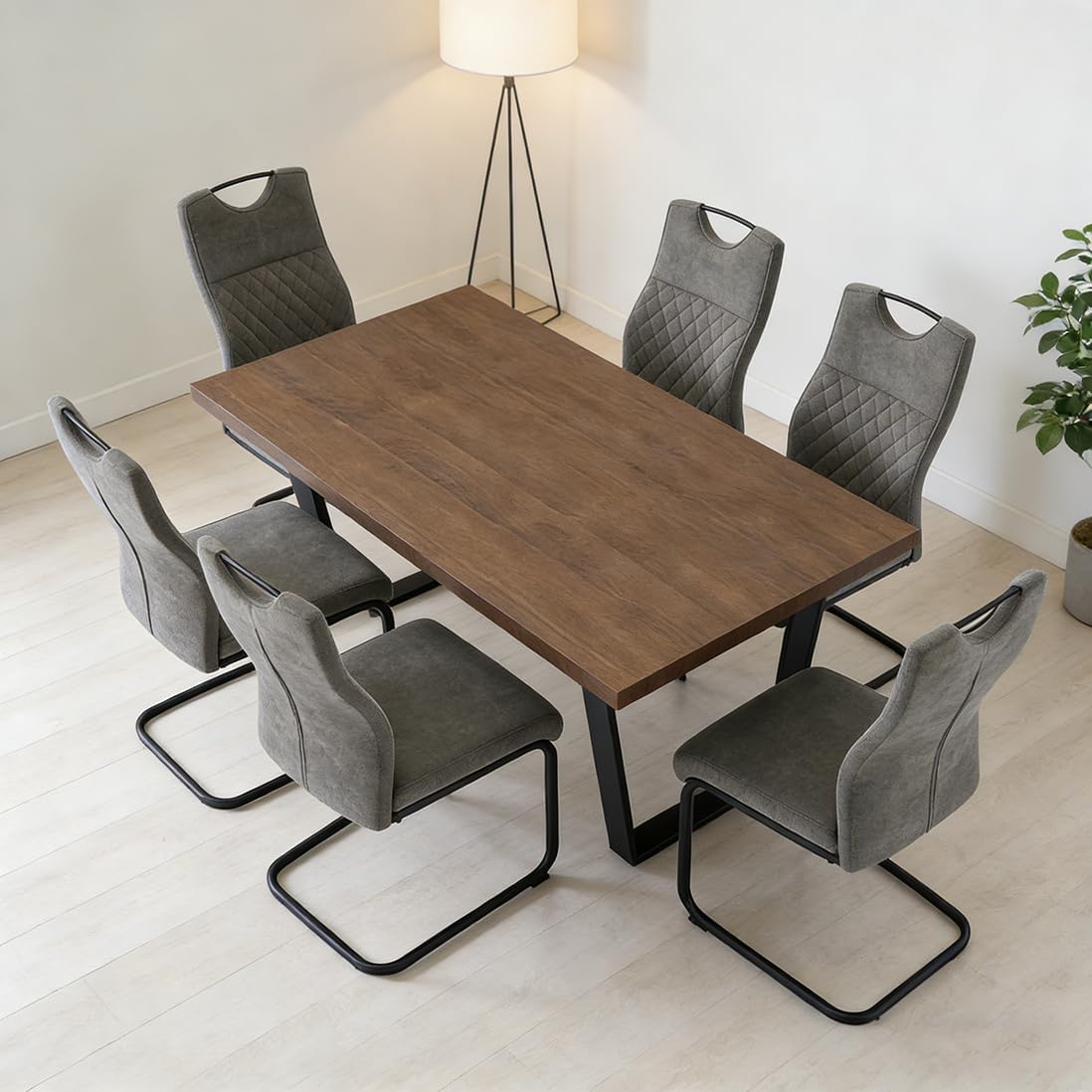 JIEXI Esstisch-Set mit Eichen-Finish, MDF-Holzplatte, schwarze Metallbeine, 160 x 90 x 76 cm, Sitzfläche 4–6, 100 kg Kapazität (1 Tisch + 6 graue Esszimmerstühle) SS9132326