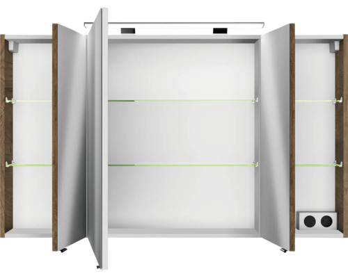 Badkamermeubelset Pelipal serie 4010, afmetingen (B x H x D): 120,5 x 200 x 48 cm, fronten in eikenhouten look, Ribbeck badkamermeubelset met 4 delen, inclusief witte keramische wastafel, keramische wastafelkast en spiegelkast met ledverlichting.