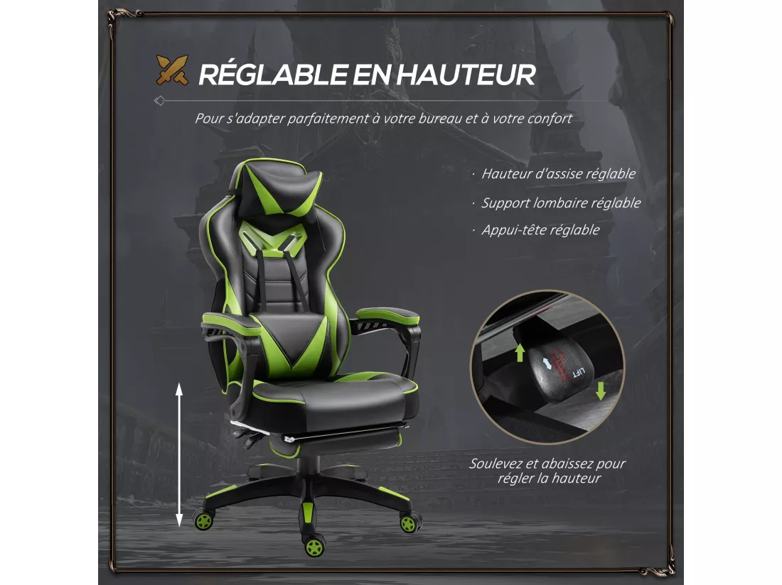 Vinsetto Fauteuil de bureau gamer style baquet racing - pivotant, inclinable - coussin lombaire, tétière, repose-pieds inclus - revêtement synthétique vert noir