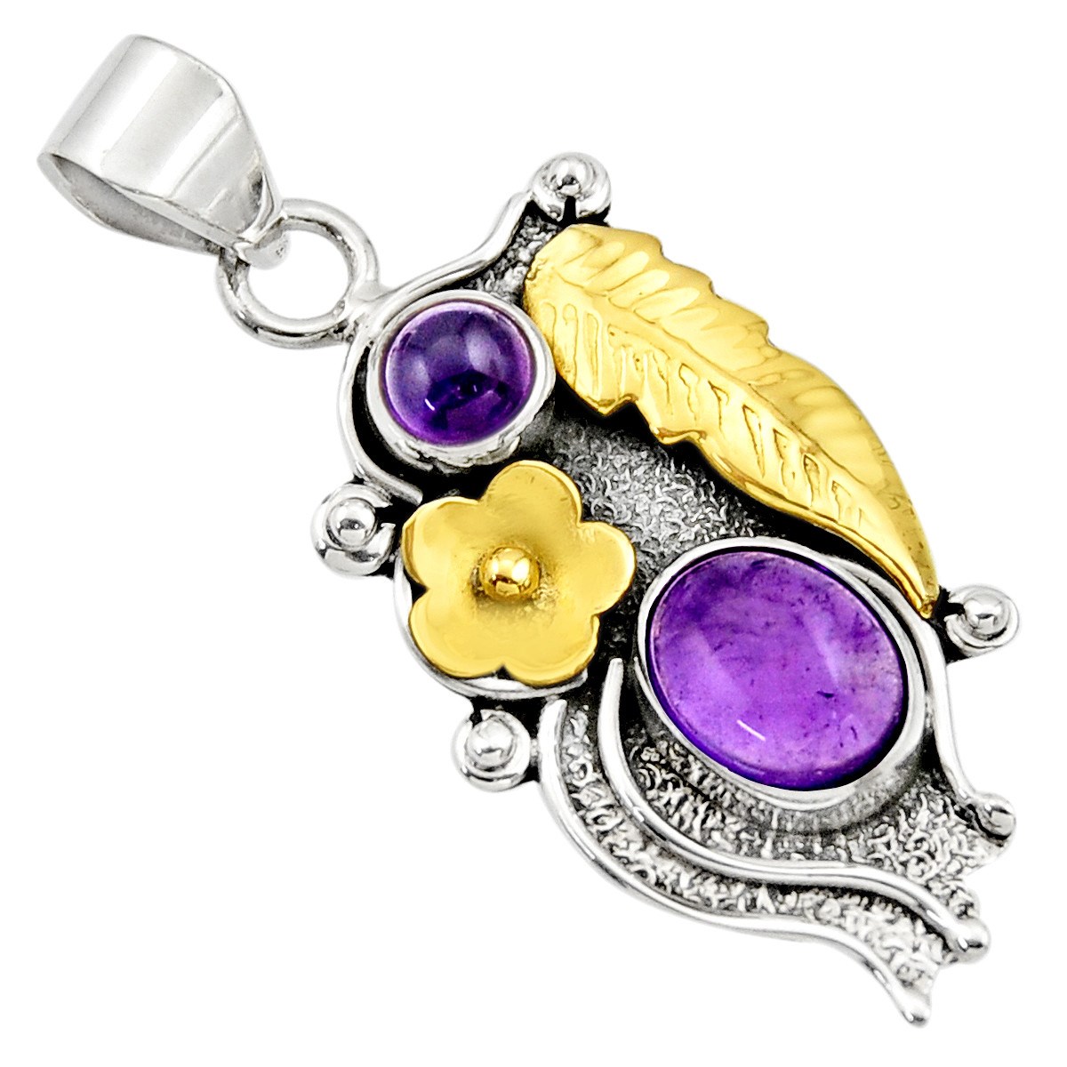 Pendentif en argent bicolore avec 2 améthystes plume et fleur + chaine 2,5cm gxi213