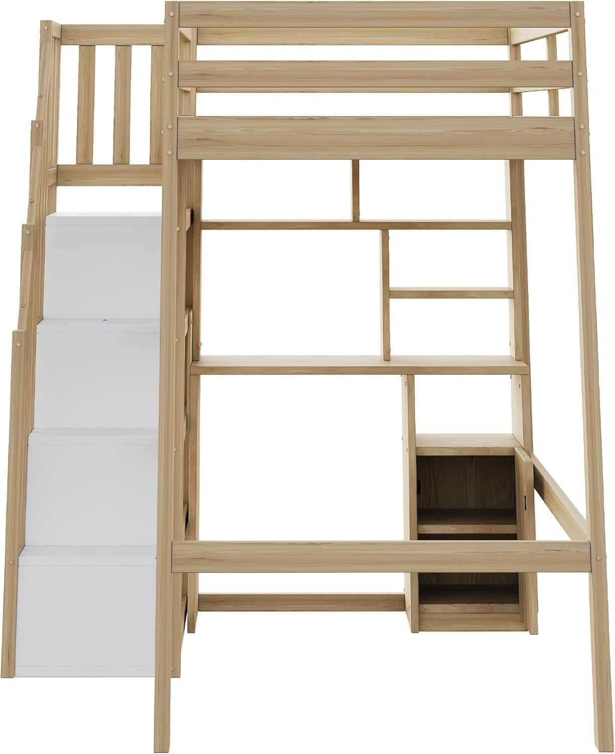Merax Hochbett 90x200 cm, Massivholzrahmen, mit Arbeitstisch, Regalen & Schränken, sicherer Stauraum-Treppe, platzsparendes Jugendbett/Kinderbett, Holzfarbe (ohne Matratze)