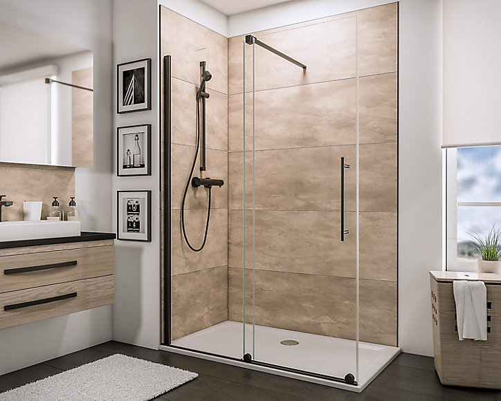 Paroi de douche Walk In coulissante, 140 x 200 cm, Schulte NewStyle, verre transparent anticalcaire, profilé noir