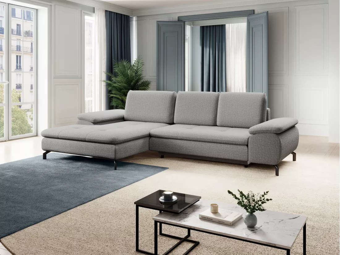 Canapé d'angle gauche convertible en tissu texturé gris ARCHIBALD
