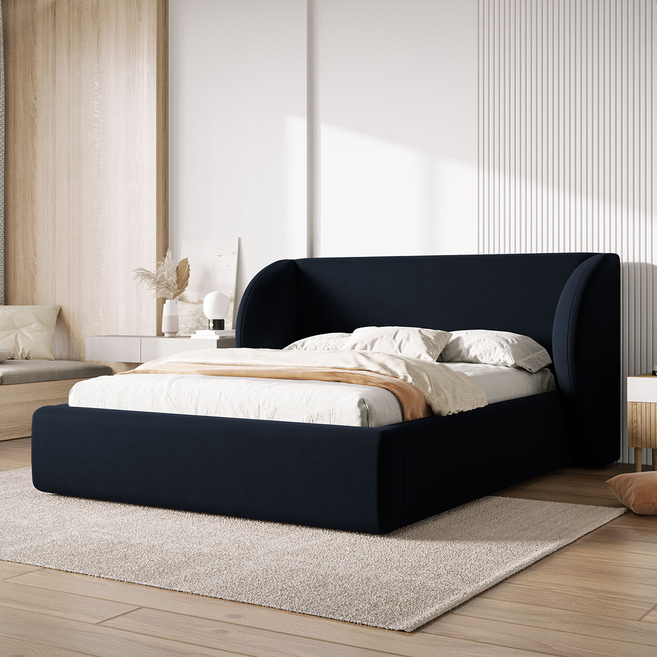 Micadoni Lit Coffre en Velours avec Tête de Lit Miley bleu foncé - 230x227x100 cm