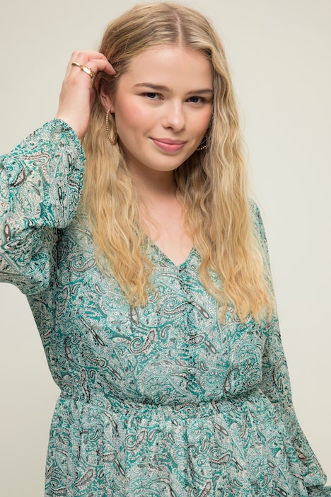 Maxikleid, A-Line, Paisley Print, V-Ausschnitt, elastische Taille, Langarm