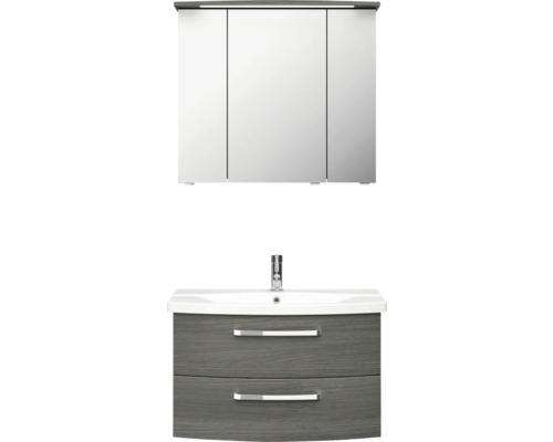 3-delige badkamermeubelset Pelipal xpressline 4010 BxHxD 84 x 200 x 45 cm, fronten in grafietstructuur (horizontaal patroon), met witte keramische wastafel en keramische badmeubel, wastafelkast, spiegelkast met LED-verlichting, chromen grepen, 4010.0
