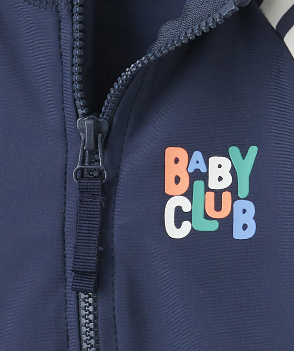 t-shirt anti-UV bébé garçon en fibres recyclées bleu avec rayures thème baby club