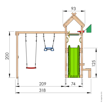Speeltoestel Jungle Gym Totem douglas met glijbaan groen en 2-schommel module