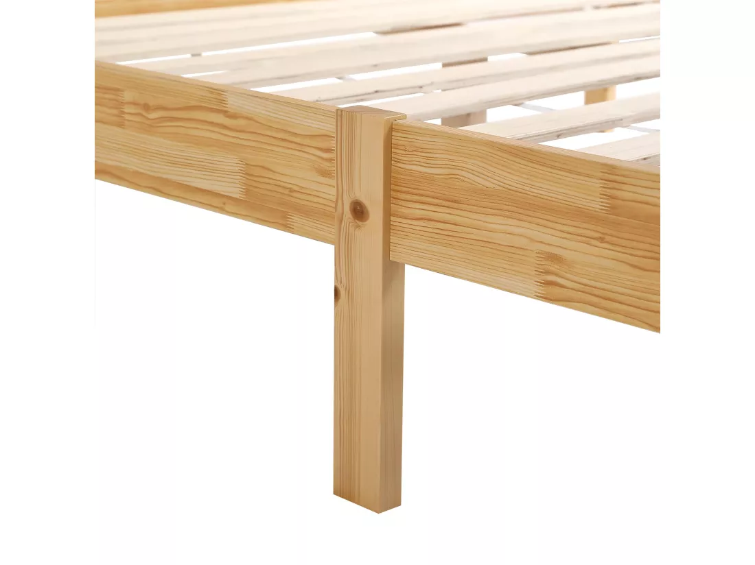 Lit adulte 160x200cm Lit double avec 15 lattes et pieds centraux pin + rotin PE Naturel