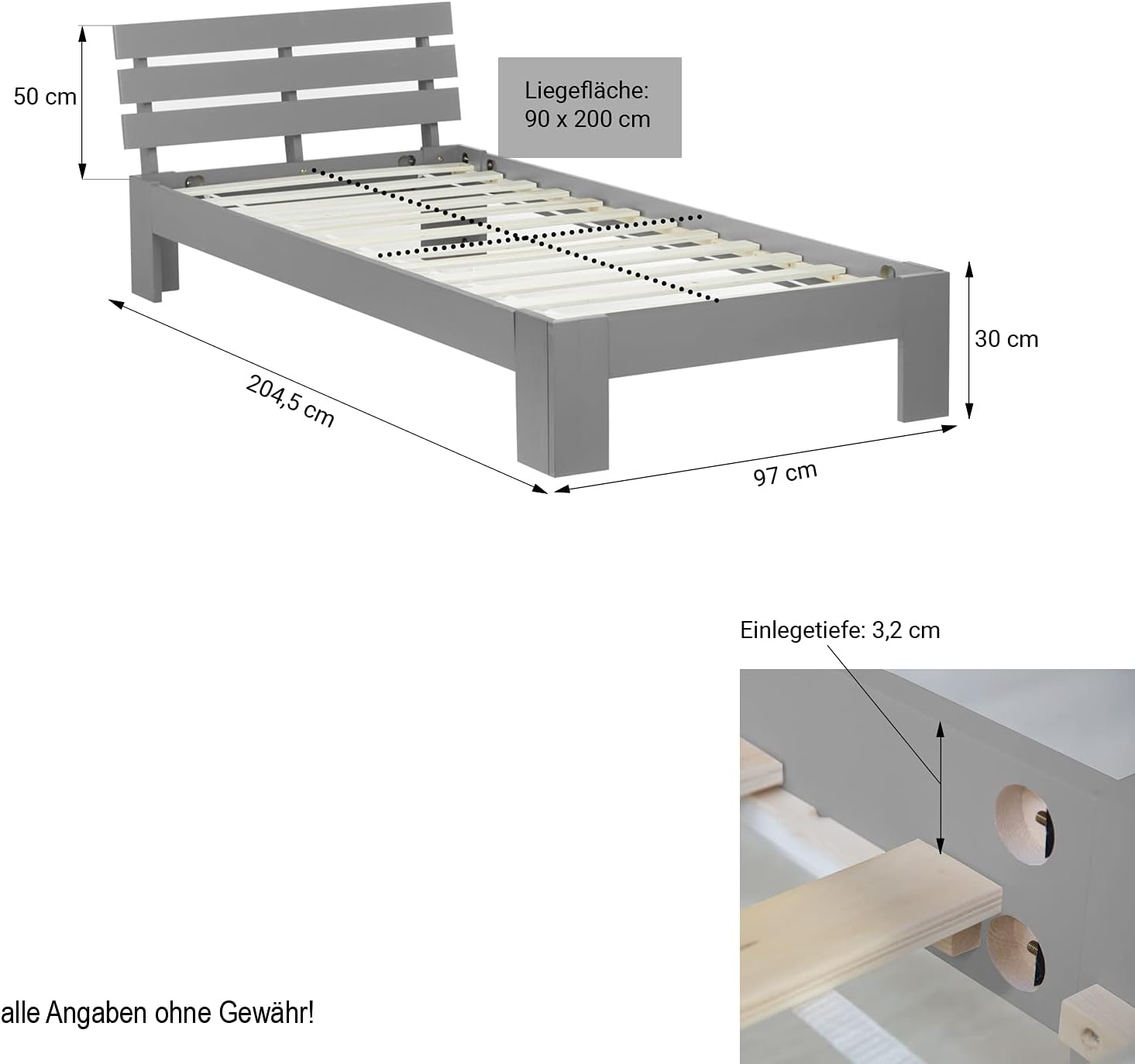 Homestyle4u 2035, Einzelbett Holzbett 90x200 mit Lattenrost Grau Kiefer Jugendbett Bett Bettgestell Massivholz