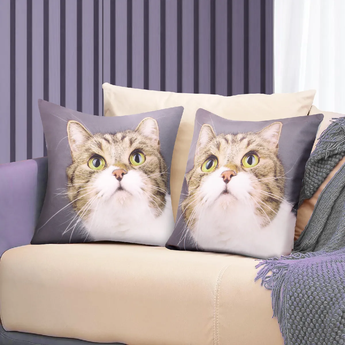 Lot de 2 housses de coussin AVIZAR - Motif Chat Moustache