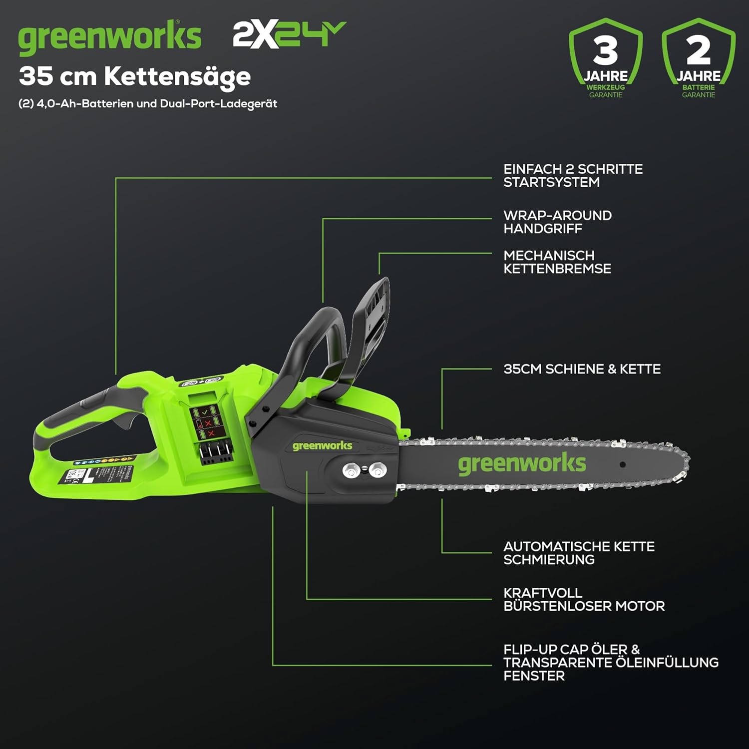 Greenworks 48V (24V x 2) Akku Kettensäge mit bürstenlosem Motor, 35cm Blattlänge, 20 m/s Kettengeschwindigkeit, Auto-Öler, Mit zwei 4Ah Akkus & Doppel-Ladegerät, 3 Jahre Garantie-GD24X2CS36K4X
