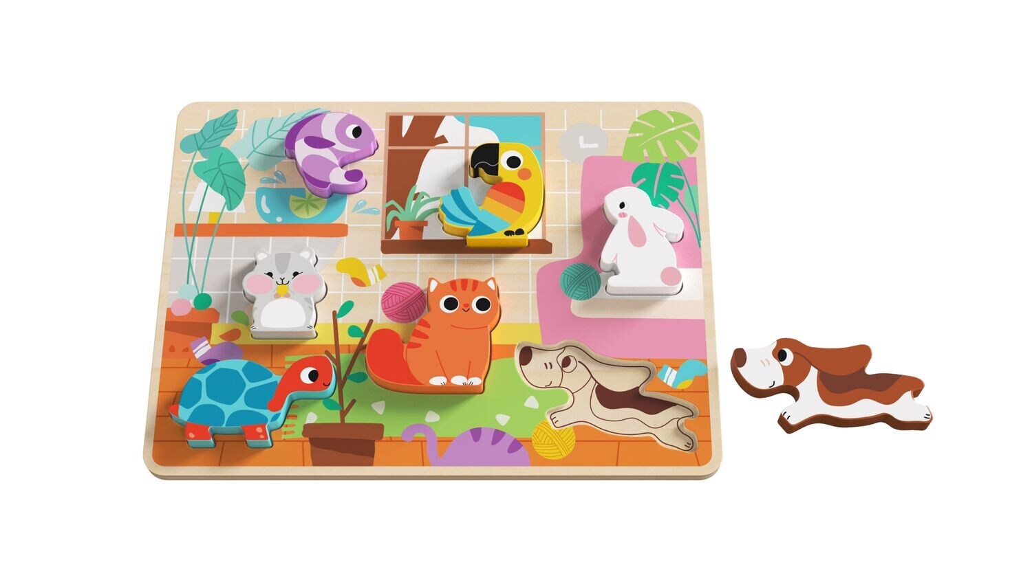 Tooky Toy 3D Kinder Holz-Puzzle Tiere, 8-teiliges Steckpuzzle, ab 12 Monaten hellbraun