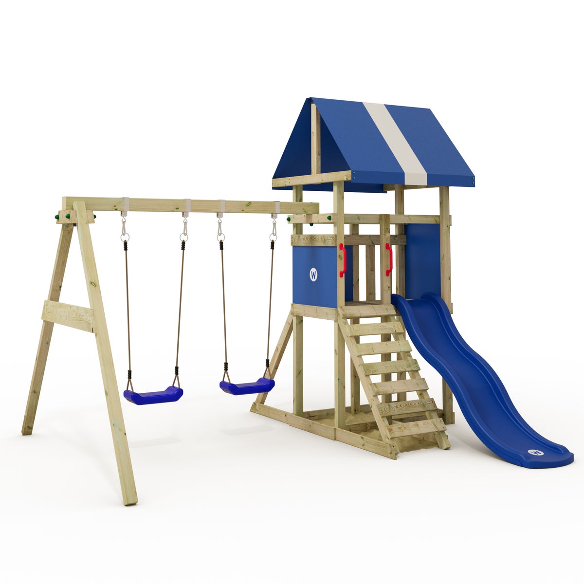 WICKEY DinkyHouse Speeltoren Klimrek met Schommel en Glijbaan, Klimtoren met Zandbak, Ladder en Speelaccessoires - Blauw