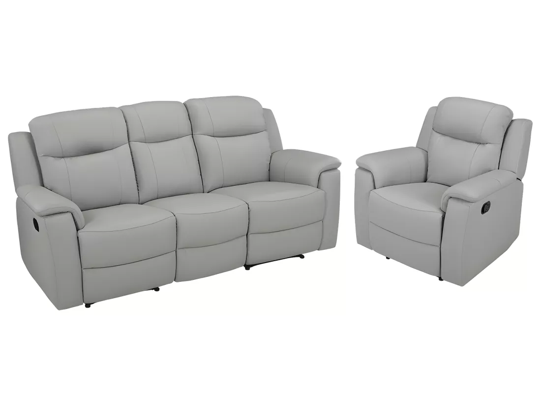 Canapé 3 places et un fauteuil relax EVASION en cuir - Gris clair